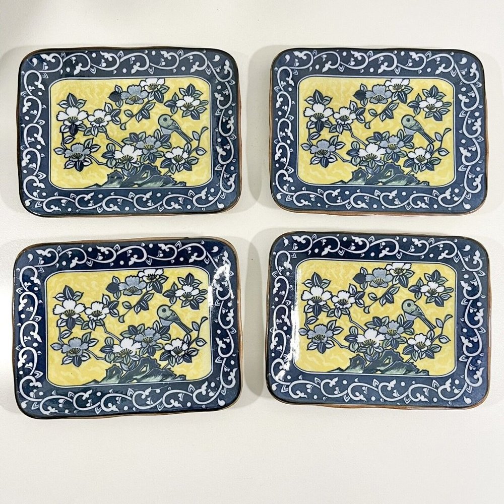4 Ceramic Hors D’oeuvres Plates Yellow Blue Floral Bird Rectangular 6.5 X 5”